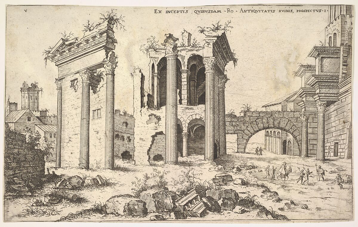 View of unidentified ruins with trabeated facade at left, arcades at center, and arch at right, from the series 'The Roman Ruins' (Praecipua aliquot Romanae antiquitatis ruinarum monimenta, vivis prospectibus), Hieronymus Cock (Netherlandish, Antwerp ca. 1510–1570 Antwerp), Etching and engraving 