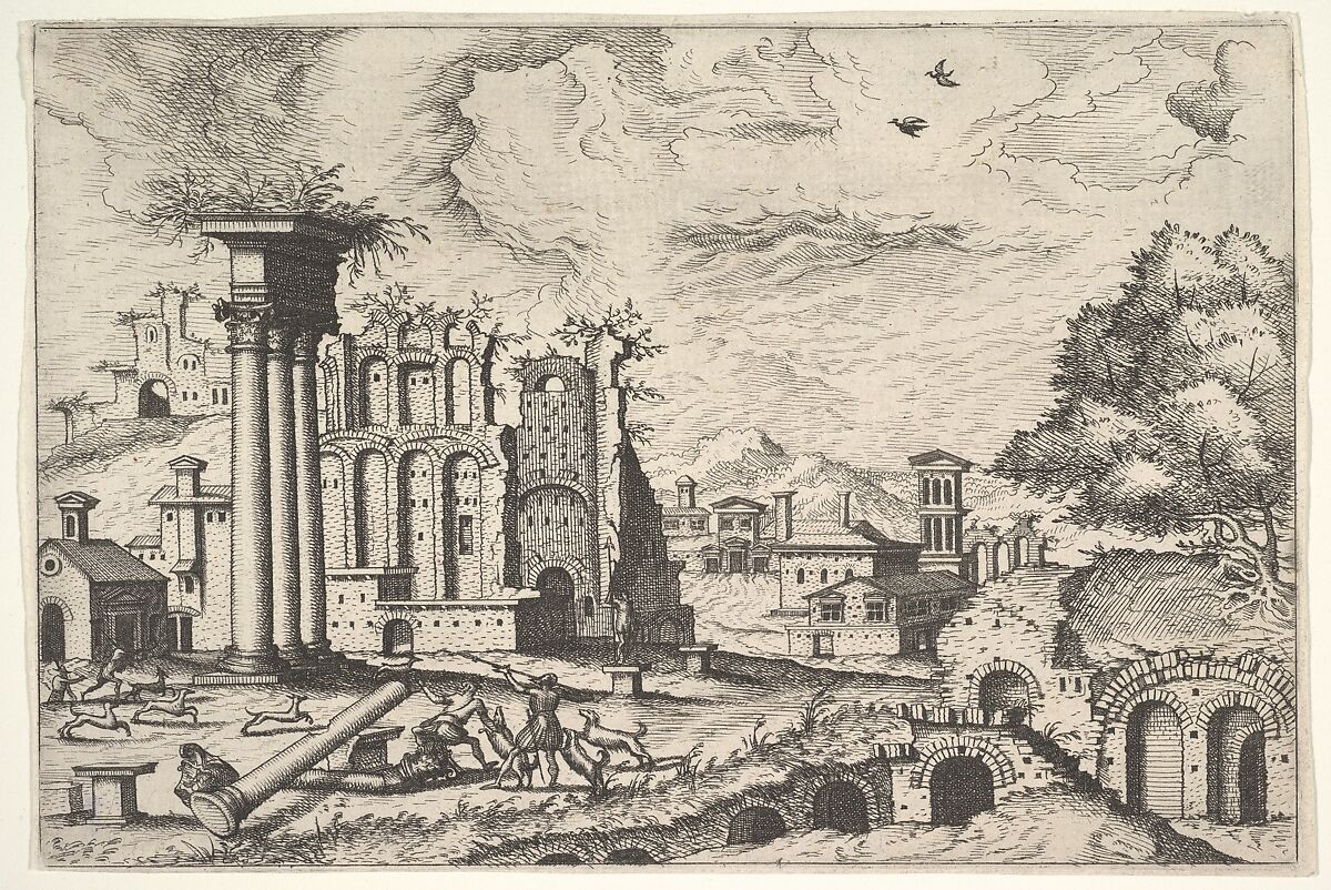View of the Roman Forum, looking toward the Palatine Hill, from the series 'The Small book of Roman ruins and buildings' (Operum antiquorum romanorum), After Hieronymus Cock (Netherlandish, Antwerp ca. 1510–1570 Antwerp), Etching 