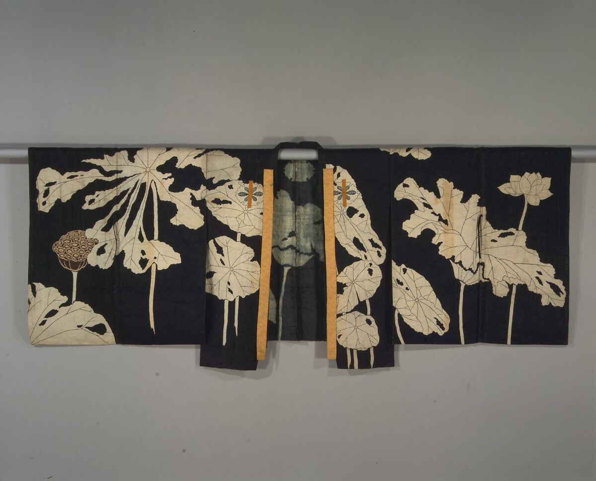 Kyōgen Costume: Jacket (Suō) with Design of Lotuses, Resist-dyed and painted plain-weave bast fiber (asa), Japan