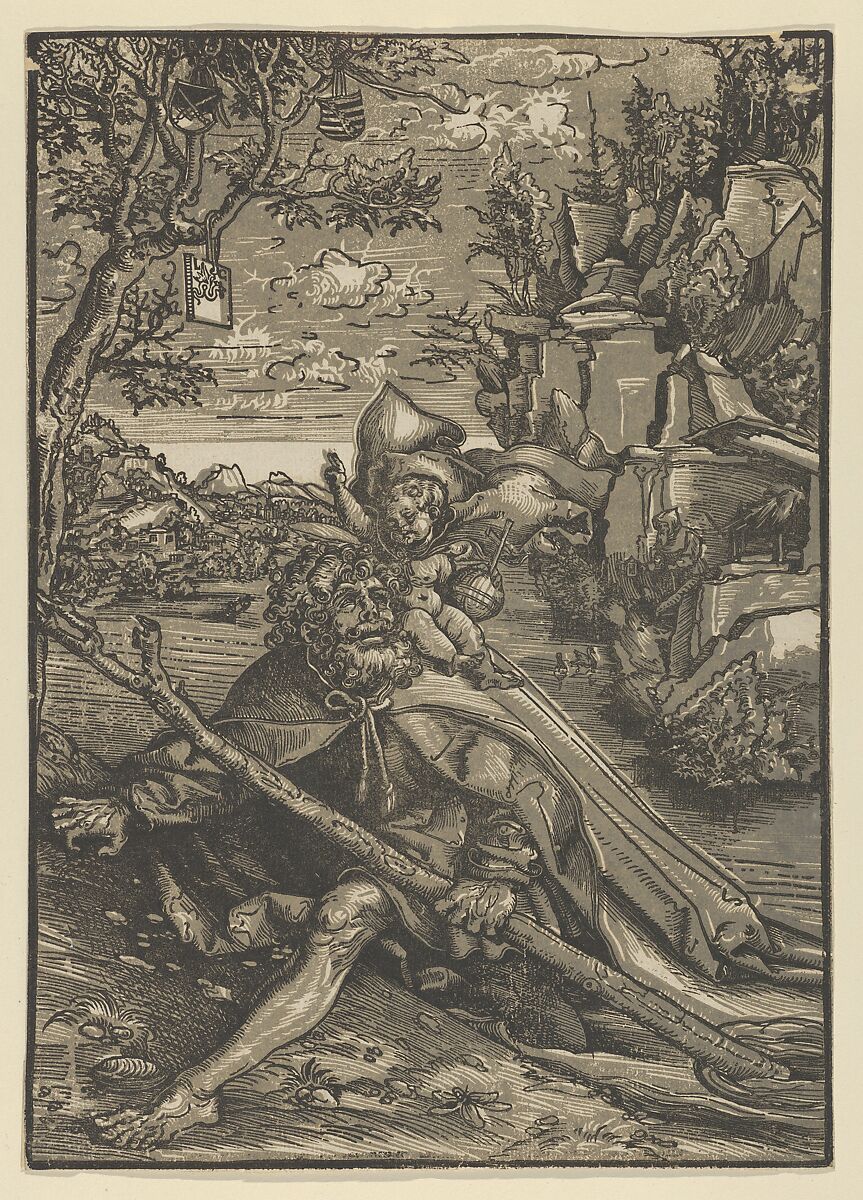 Saint Christopher, Lucas Cranach the Elder (German, Kronach 1472–1553 Weimar), Chiaroscuro woodcut in two blocks, late impression 