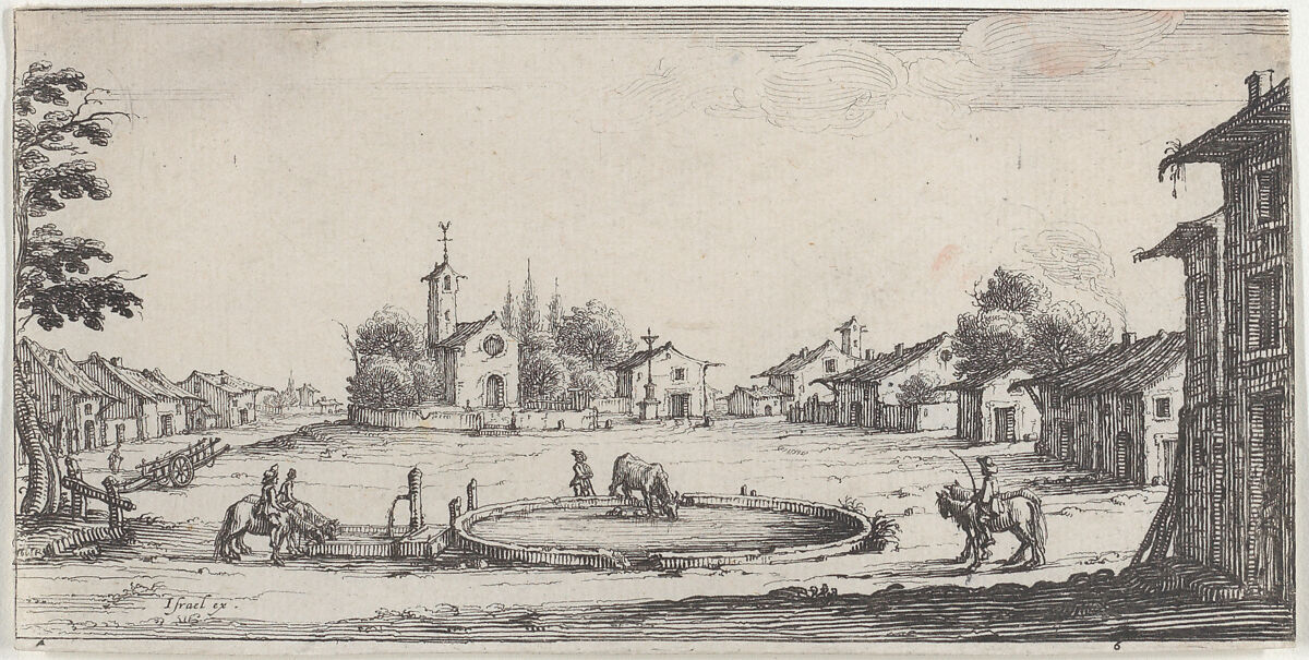 Plate 6: view of a village with a horse trough in center, horses and houses to either side, a church in center background, François Collignon (French, Nancy ca. 1610–1687 Rome), Etching