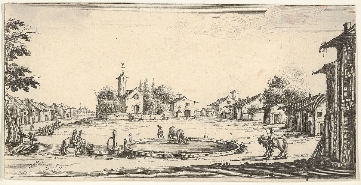 Plate 6: view of a village with a horse trough in center, horses and houses to either side, a church in center background, François Collignon (French, Nancy ca. 1610–1687 Rome), Etching 