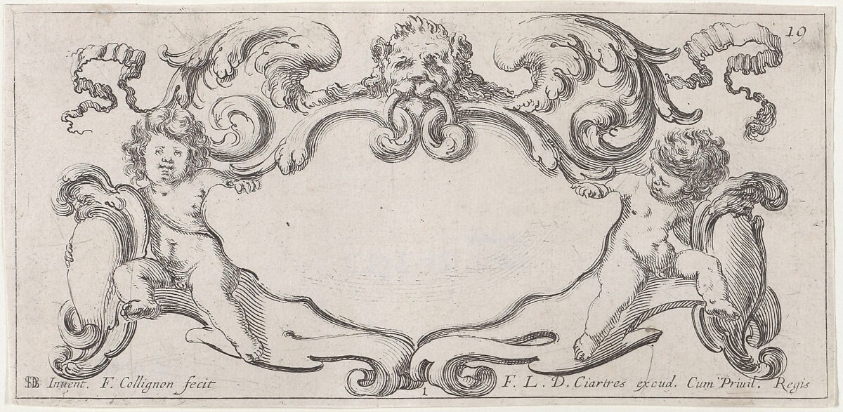 Plate 1: a cartouche with a lion head with wings at top center, a putto holding a blank escutcheon to either side, from "Twelve cartouches" (Recueil de douze cartouches), François Collignon (French, Nancy ca. 1610–1687 Rome), Etching; second state of four