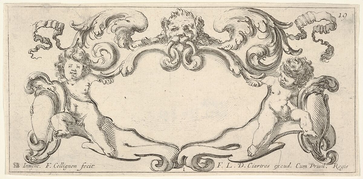 Plate 1: a cartouche with a lion head with wings at top center, a putto holding a blank escutcheon to either side, from 'Twelve cartouches' (Recueil de douze cartouches), François Collignon (French, Nancy ca. 1610–1687 Rome), Etching; second state of four 