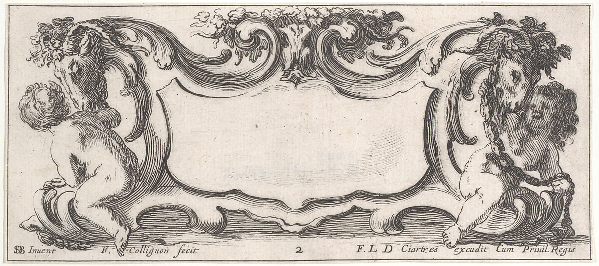 Plate 2: a cartouche with a child seen from the back to left and a child seen from the front to right, each playing with the head of a sheep crowned with flowers, from "Twelve cartouches" (Recueil de douze cartouches), François Collignon (French, Nancy ca. 1610–1687 Rome), Etching; second state of four