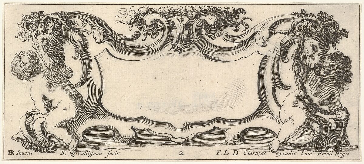 Plate 2: a cartouche with a child seen from the back to left and a child seen from the front to right, each playing with the head of a sheep crowned with flowers, from 'Twelve cartouches' (Recueil de douze cartouches), François Collignon (French, Nancy ca. 1610–1687 Rome), Etching; second state of four 