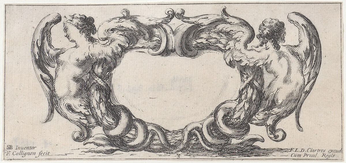 Plate 3: a cartouche with a woman with wings ending in a serpent's tail to left, seen from the front, a similar woman seen from the back to right, from "Twelve cartouches" (Recueil de douze cartouches), François Collignon (French, Nancy ca. 1610–1687 Rome), Etching; second state of four