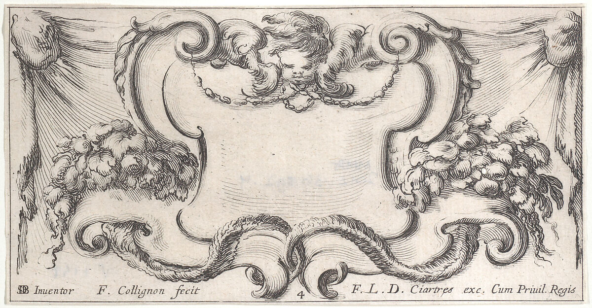 Plate 4: a cartouche with the head of a cherub at top center, leaves and flowers to either side, from "Twelve cartouches" (Recueil de douze cartouches), François Collignon (French, Nancy ca. 1610–1687 Rome), Etching; second state of four