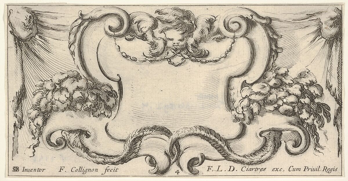 Plate 4: a cartouche with the head of a cherub at top center, leaves and flowers to either side, from 'Twelve cartouches' (Recueil de douze cartouches), François Collignon (French, Nancy ca. 1610–1687 Rome), Etching; second state of four 