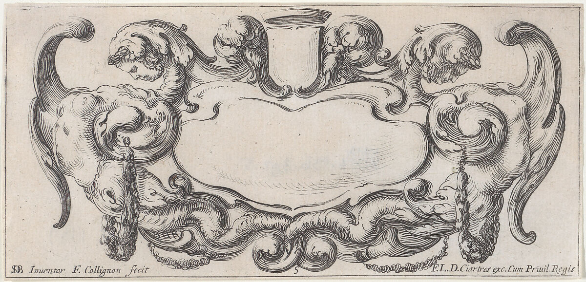 Plate 5: a cartouche with a blank escutcheon at top center, a chimera to either side, their bodies ending in scrollwork and dragon tails, from "Twelve cartouches" (Recueil de douze cartouches), François Collignon (French, Nancy ca. 1610–1687 Rome), Etching; second state of four