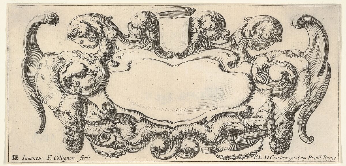 Plate 5: a cartouche with a blank escutcheon at top center, a chimera to either side, their bodies ending in scrollwork and dragon tails, from 'Twelve cartouches' (Recueil de douze cartouches), François Collignon (French, Nancy ca. 1610–1687 Rome), Etching; second state of four 