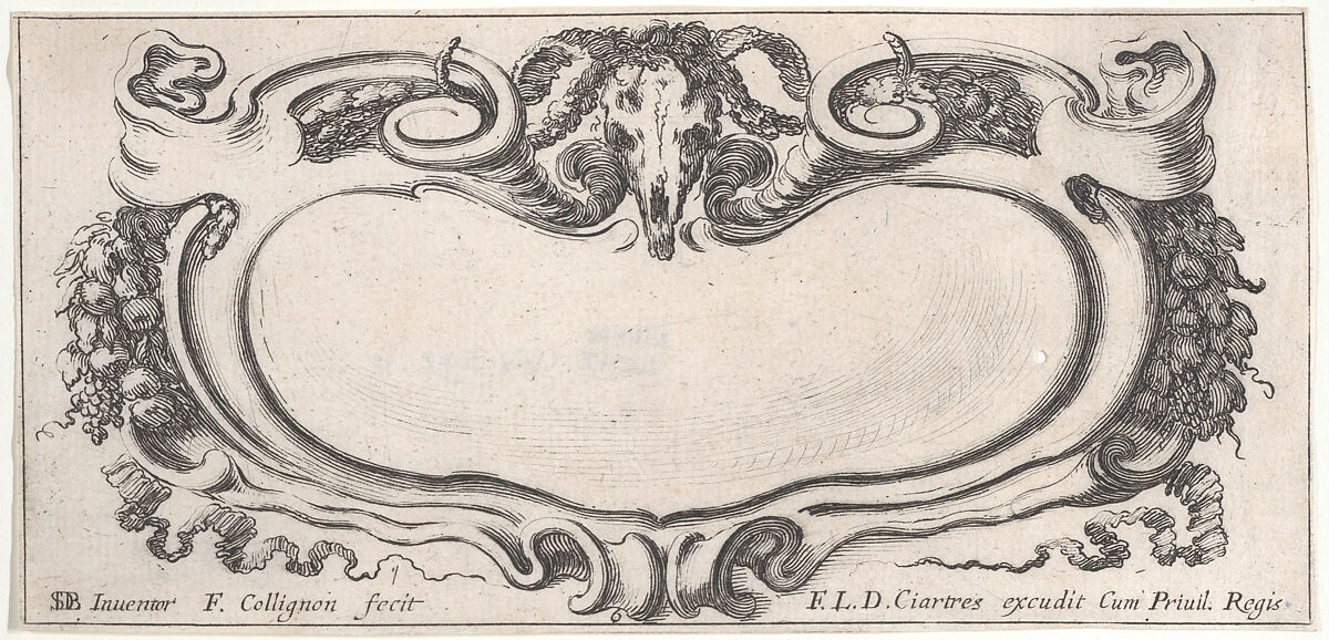 Plate 6: a cartouche with a ram skull at top center, grapes and other fruits to either side, from "Twelve cartouches" (Recueil de douze cartouches), François Collignon (French, Nancy ca. 1610–1687 Rome), Etching; second state of four