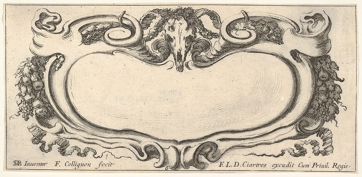 Plate 6: a cartouche with a ram skull at top center, grapes and other fruits to either side, from 'Twelve cartouches' (Recueil de douze cartouches), François Collignon (French, Nancy ca. 1610–1687 Rome), Etching; second state of four 