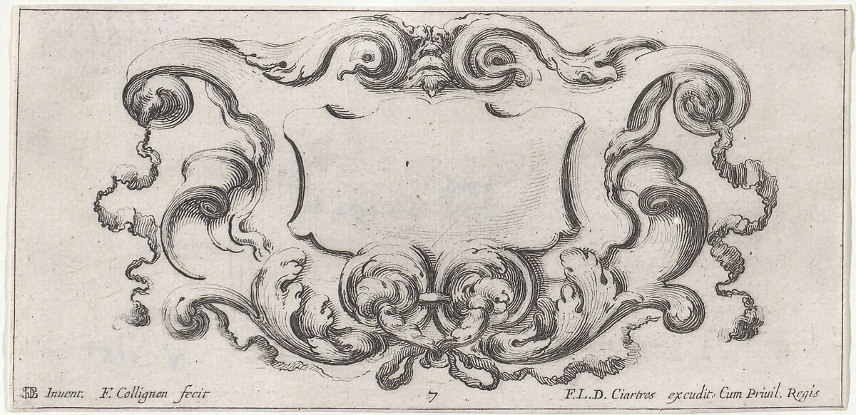 Plate 7: a cartouche with the mask of an ogre at top center, scrollwork to either side, from "Twelve cartouches" (Recueil de douze cartouches), François Collignon (French, Nancy ca. 1610–1687 Rome), Etching; second state of four