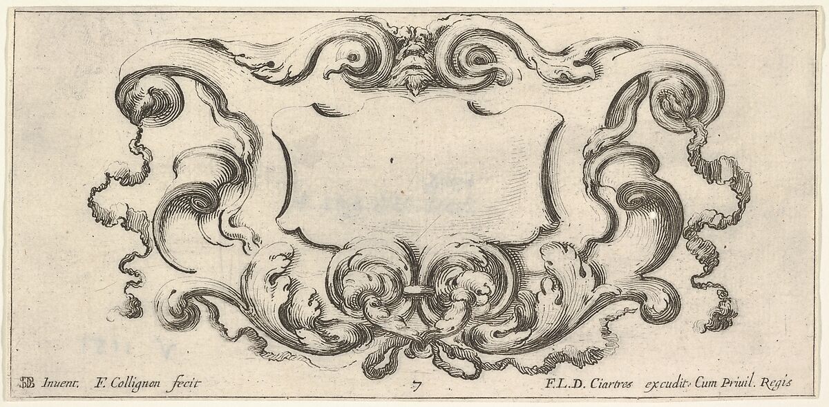 Plate 7: a cartouche with the mask of an ogre at top center, scrollwork to either side, from 'Twelve cartouches' (Recueil de douze cartouches), François Collignon (French, Nancy ca. 1610–1687 Rome), Etching; second state of four 