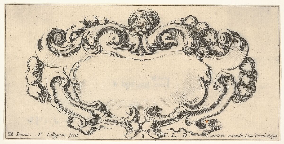 Plate 8: a cartouche with the head of an old man at top center, scrollwork to either side, from 'Twelve cartouches' (Recueil de douze cartouches), François Collignon (French, Nancy ca. 1610–1687 Rome), Etching; second state of four 