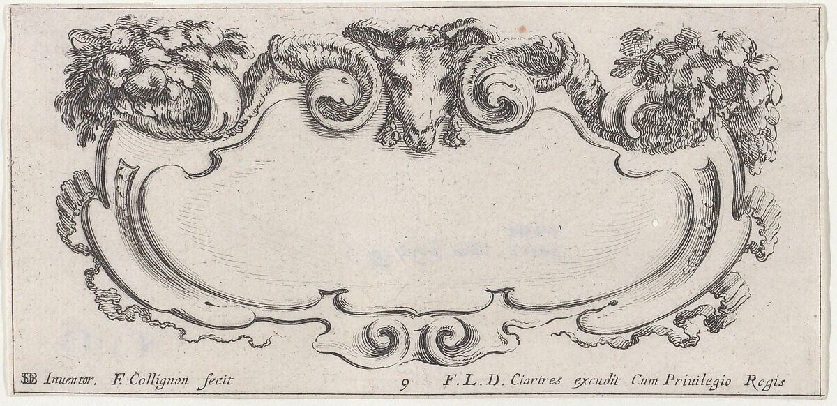 Plate 9: a cartouche with the head of a ram at top center, flowers at top left and right, from "Twelve cartouches" (Recueil de douze cartouches), François Collignon (French, Nancy ca. 1610–1687 Rome), Etching; second state of four
