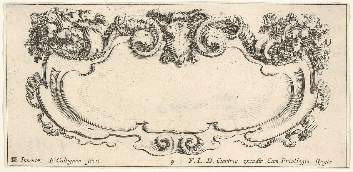 Plate 9: a cartouche with the head of a ram at top center, flowers at top left and right, from 'Twelve cartouches' (Recueil de douze cartouches), François Collignon (French, Nancy ca. 1610–1687 Rome), Etching; second state of four 