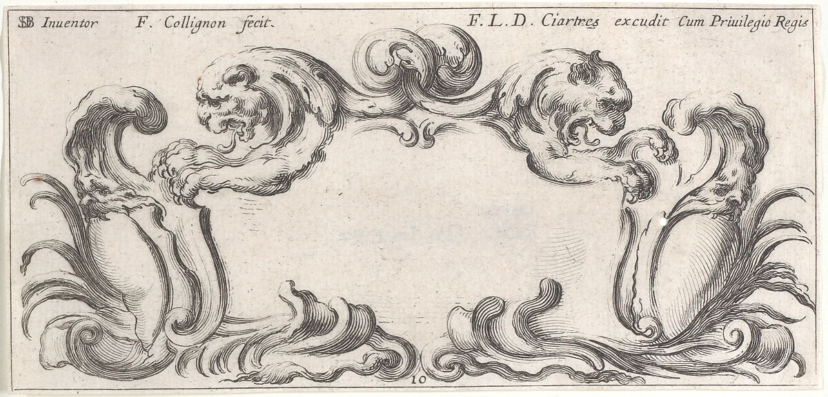 Plate 10: a cartouche with the heads of two lions in profile to left and right in the center, two chimera heads to either side below with their mouths around empty escutcheons, from "Twelve cartouches" (Recueil de douze cartouches), François Collignon (French, Nancy ca. 1610–1687 Rome), Etching; second state of four