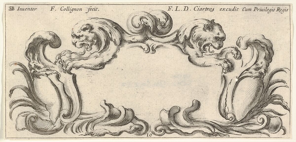 Plate 10: a cartouche with the heads of two lions in profile to left and right in the center, two chimera heads to either side below with their mouths around empty escutcheons, from 'Twelve cartouches' (Recueil de douze cartouches), François Collignon (French, Nancy ca. 1610–1687 Rome), Etching; second state of four 