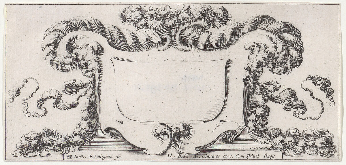 Plate 11: a cartouche with fruits, flowers, and leaves at top, a mask of a faun in profile to either side with a festoon of fruits and flowers in each of their mouths, from "Twelve cartouches" (Recueil de douze cartouches), François Collignon (French, Nancy ca. 1610–1687 Rome), Etching; second state of four