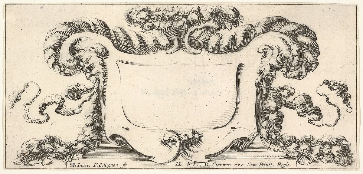 Plate 11: a cartouche with fruits, flowers, and leaves at top, a mask of a faun in profile to either side with a festoon of fruits and flowers in each of their mouths, from 'Twelve cartouches' (Recueil de douze cartouches), François Collignon (French, Nancy ca. 1610–1687 Rome), Etching; second state of four 