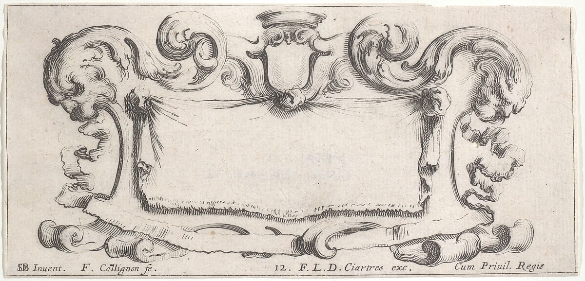 Plate 12: a cartouche with an empty escutcheon at top center, a head of a lion in profile to either side, from "Twelve cartouches" (Recueil de douze cartouches), François Collignon (French, Nancy ca. 1610–1687 Rome), Etching; second state of four