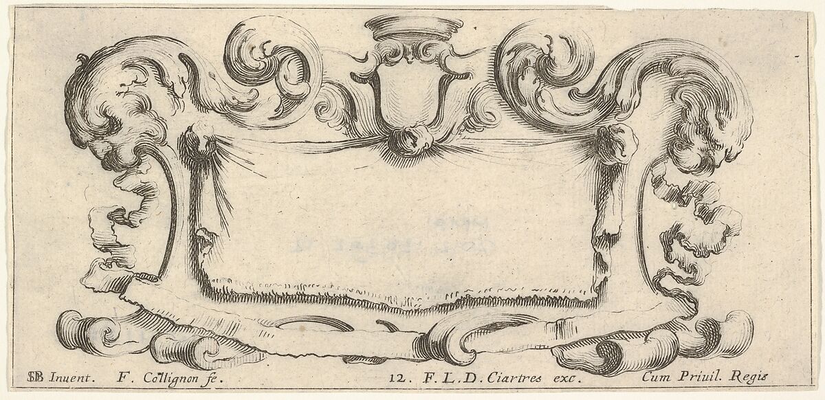 Plate 12: a cartouche with an empty escutcheon at top center, a head of a lion in profile to either side, from 'Twelve cartouches' (Recueil de douze cartouches), François Collignon (French, Nancy ca. 1610–1687 Rome), Etching; second state of four 