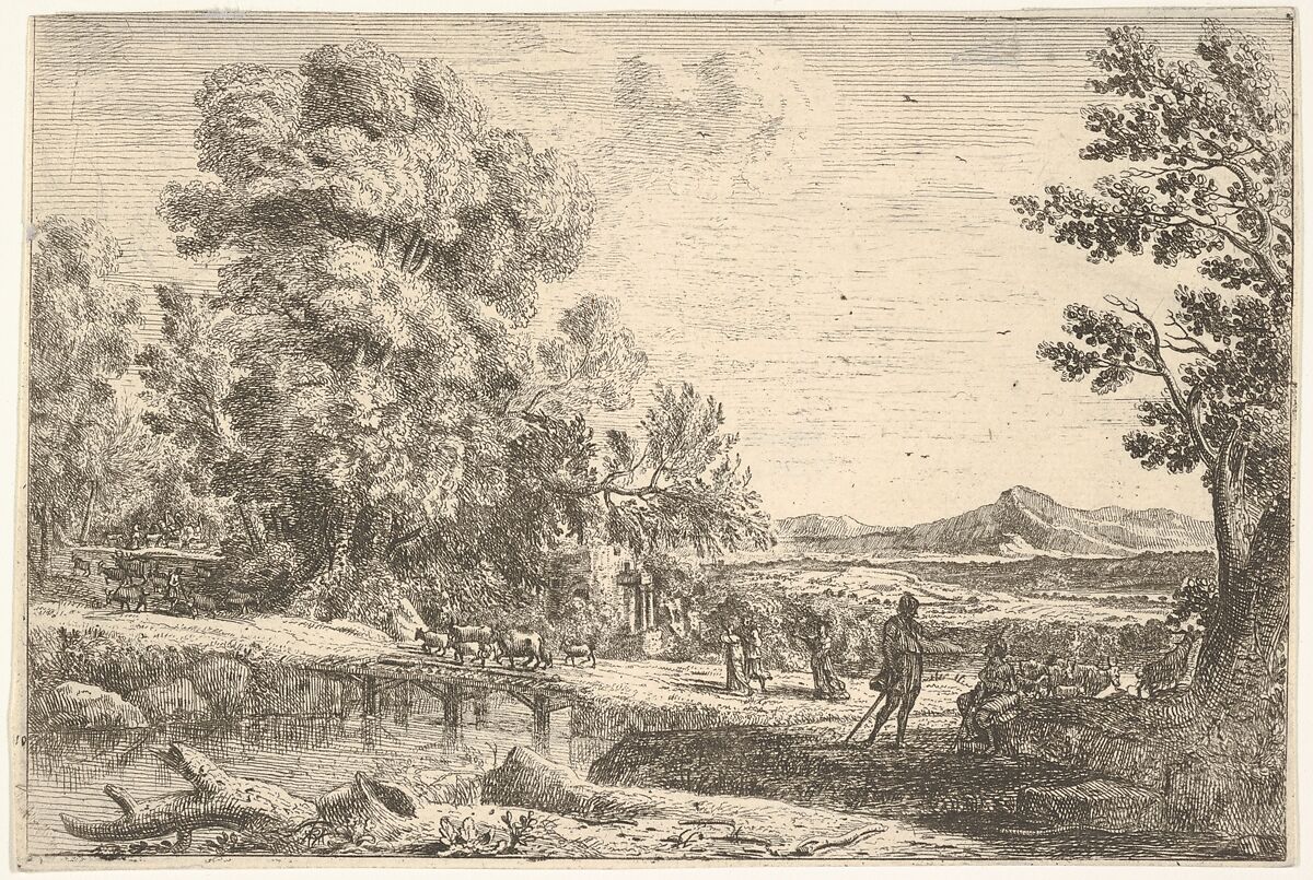 Rebecca and Eliezer taking leave of her father, Bethuel, set in a landscape, a large tree to the left, Claude Lorrain (Claude Gellée) (French, Chamagne 1604/5?–1682 Rome), Etching 