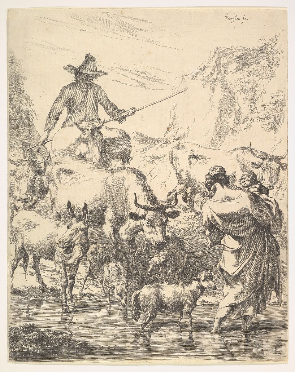 Le Troupeau Traversant Le Ruisseau, Nicolaes Berchem (Dutch, Haarlem 1621/22–1683 Amsterdam), Etching 