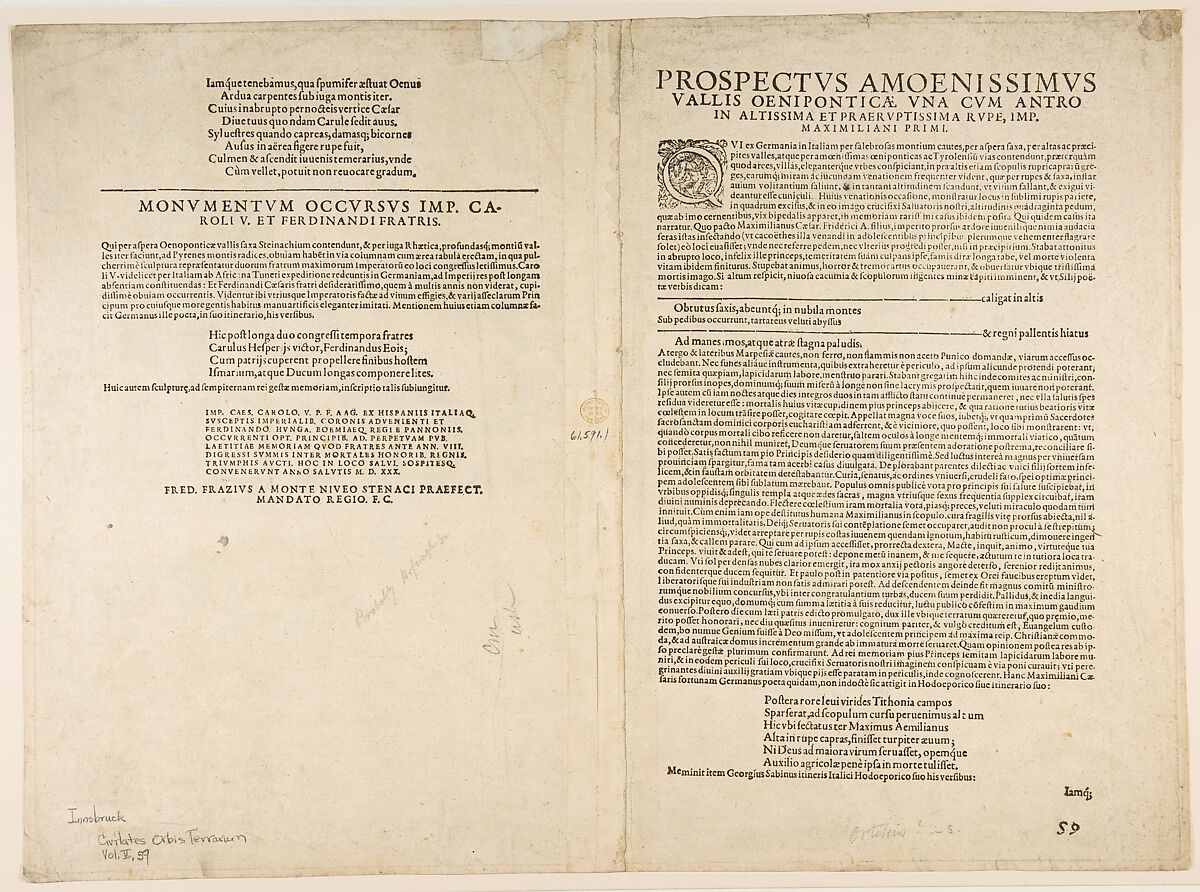 The Inn Valley from the series Civitates Orbis Terrarum, vol. V, plate 59, Simon Novellanus (Netherlandish, 16th century), Etching