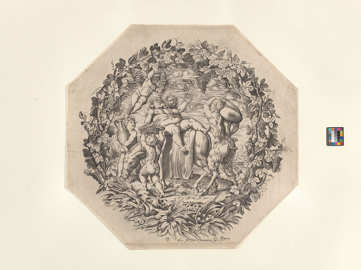 A Bacchanal: a satyr holds Silenus as he lies on a donkey's back and picks a leaf from a garland, two putti carry an amphora and a basket with grapes at left, and a faun carries a sack at right, Giovanni Battista Costantini (Italian, active 1615–1628), Engraving