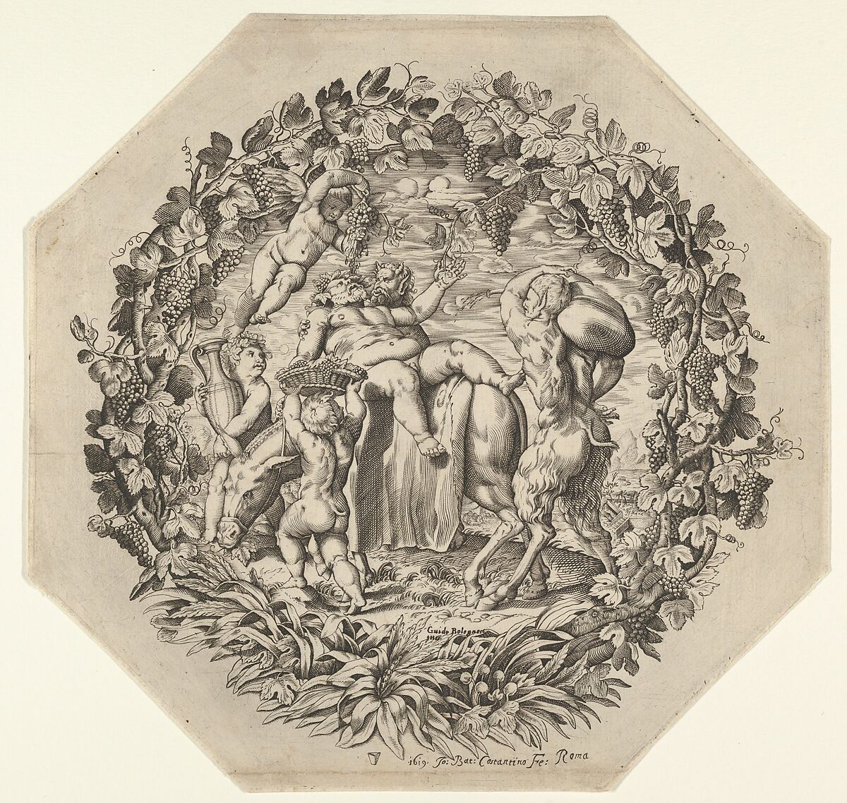 A Bacchanal: a satyr holds Silenus as he lies on a donkey's back and picks a leaf from a garland, two putti carry an amphora and a basket with grapes at left, and a faun carries a sack at right, Giovanni Battista Costantini (Italian, active 1615–1628), Engraving 