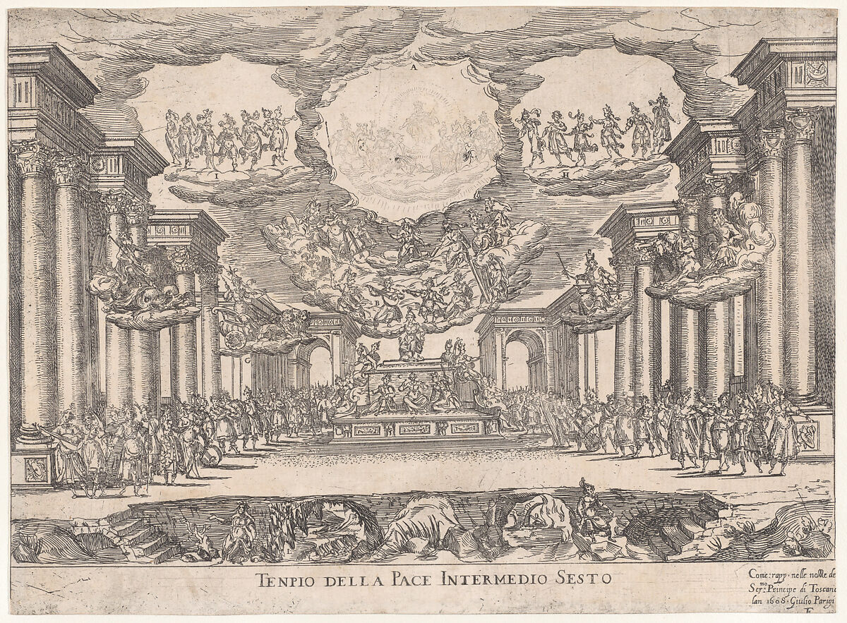 Sixth interlude: temple of peace (Intermedio sesto: tempio della pace), from "Seven Interludes for the wedding celebration of Cosimo de' Medici in Florence, 1608", Remigio Cantagallina (Italian, Borgo Sansepolcro ca. 1582–1656 Florence), Etching
