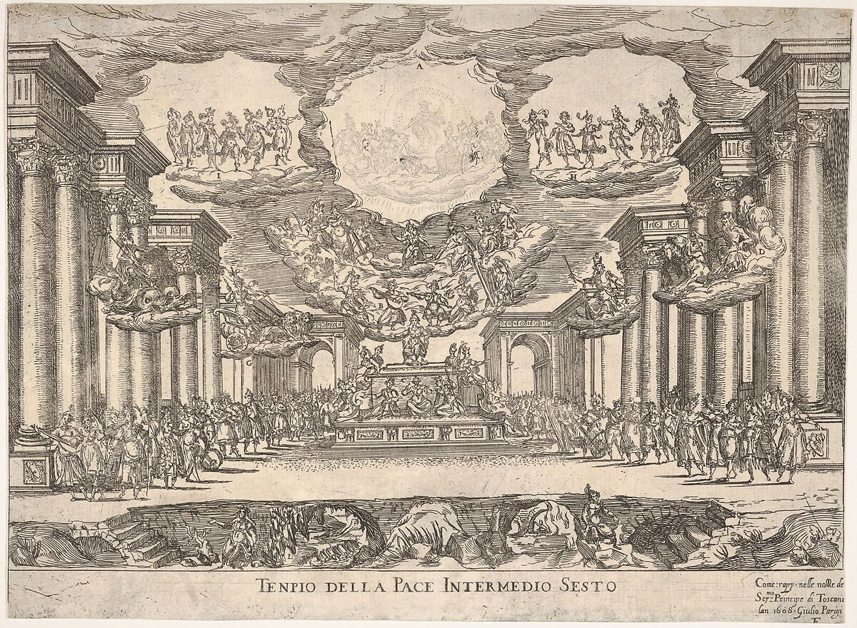 Sixth interlude: temple of peace (Intermedio sesto: tempio della pace), from the series 'Seven Interludes' for the wedding celebration of Cosimo de' Medici in Florence, 1608, Remigio Cantagallina (Italian, Borgo Sansepolcro ca. 1582–1656 Florence), Etching 