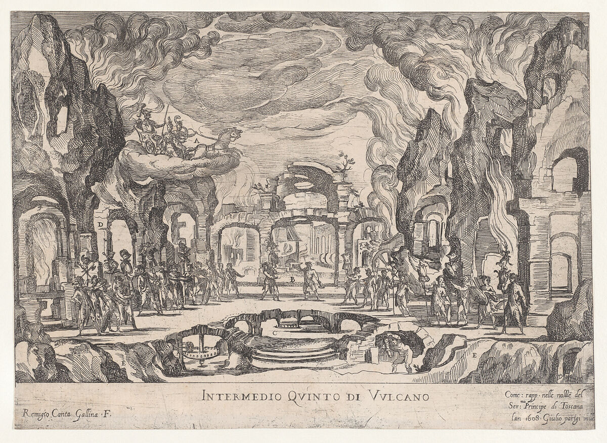 Fifth Interlude: Vulcan (Intermedio quinto di Volcano), from "Seven Interludes for the wedding celebration of Cosimo de' Medici in Florence, 1608", Remigio Cantagallina (Italian, Borgo Sansepolcro ca. 1582–1656 Florence), Etching