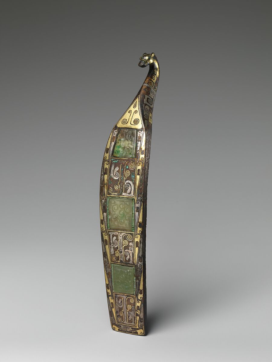 Belt hook, Bronze inlaid with gold, silver, and jade (nephrite), China 