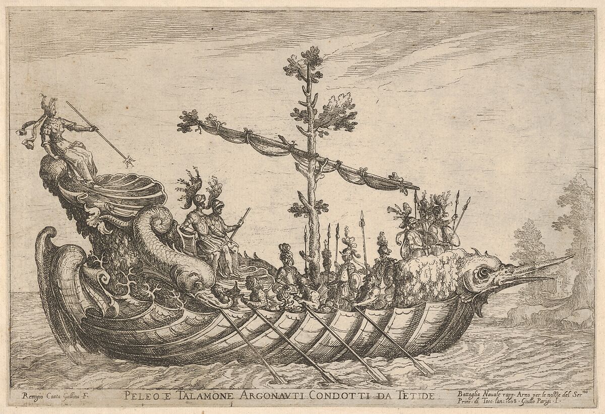 Peleus and Talamon, from the series 'Vessels of the Argonauts,' for the wedding celebration of Cosimo de' Medici in Florence, 1608, Remigio Cantagallina (Italian, Borgo Sansepolcro ca. 1582–1656 Florence), Etching 