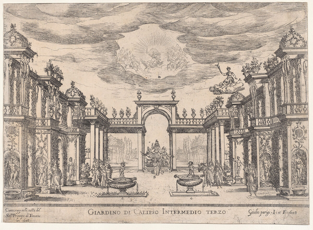 Sixth interlude: garden of Calypso (Intermedio sesto: giardino di Calipso), from "Seven Interludes for the wedding celebration of Cosimo de' Medici in Florence, 1608", Remigio Cantagallina (Italian, Borgo Sansepolcro ca. 1582–1656 Florence), Etching