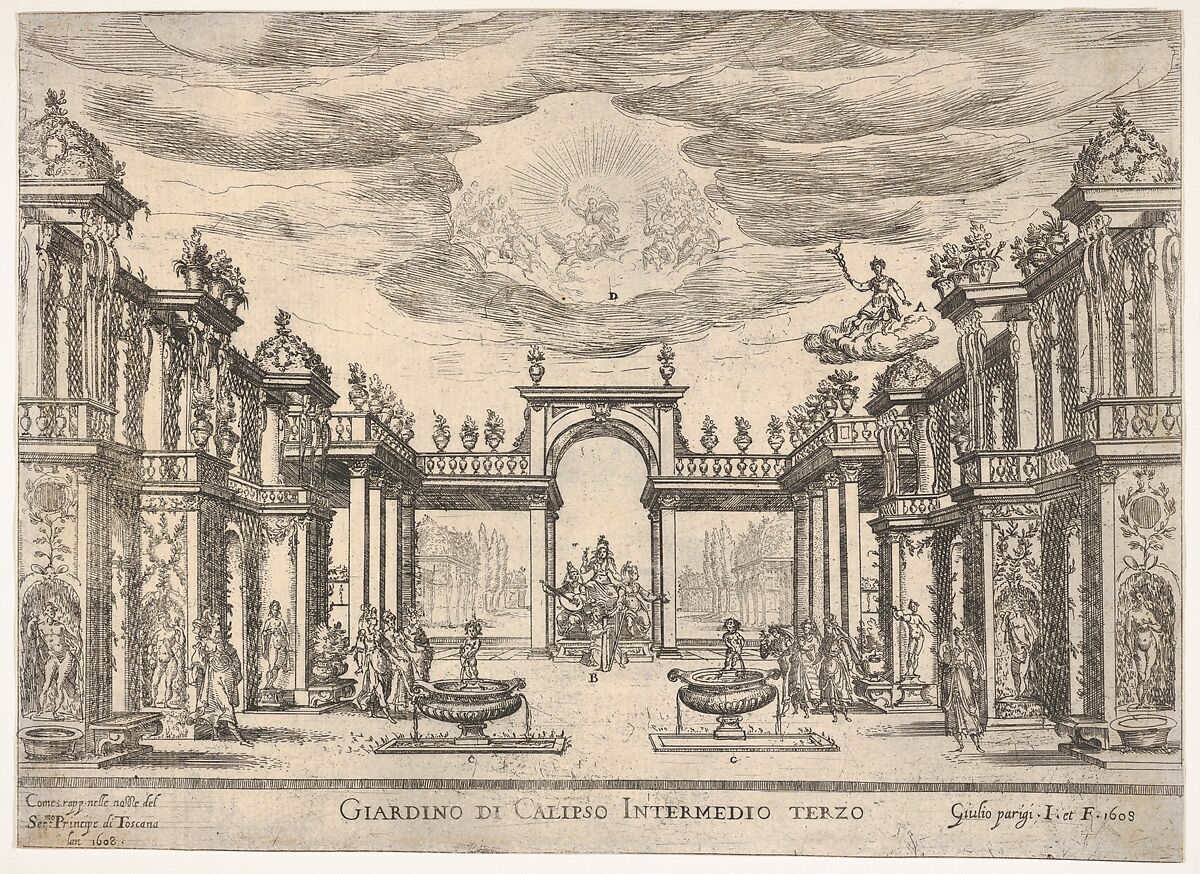 Sixth interlude: garden of Calypso (Intermedio sesto: giardino di Calipso), from the series 'Seven Interludes' for the wedding celebration of Cosimo de' Medici in Florence, 1608, Remigio Cantagallina (Italian, Borgo Sansepolcro ca. 1582–1656 Florence), Etching 