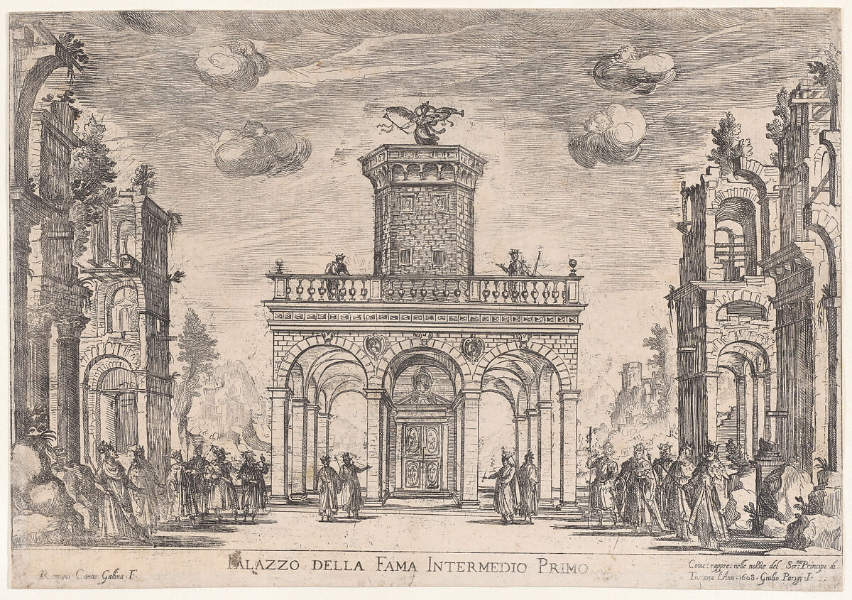 First interlude: palace of fame (Intermedio sesto: palazzo della fama), from "Seven Interludes for the wedding celebration of Cosimo de' Medici in Florence, 1608", Remigio Cantagallina (Italian, Borgo Sansepolcro ca. 1582–1656 Florence), Etching