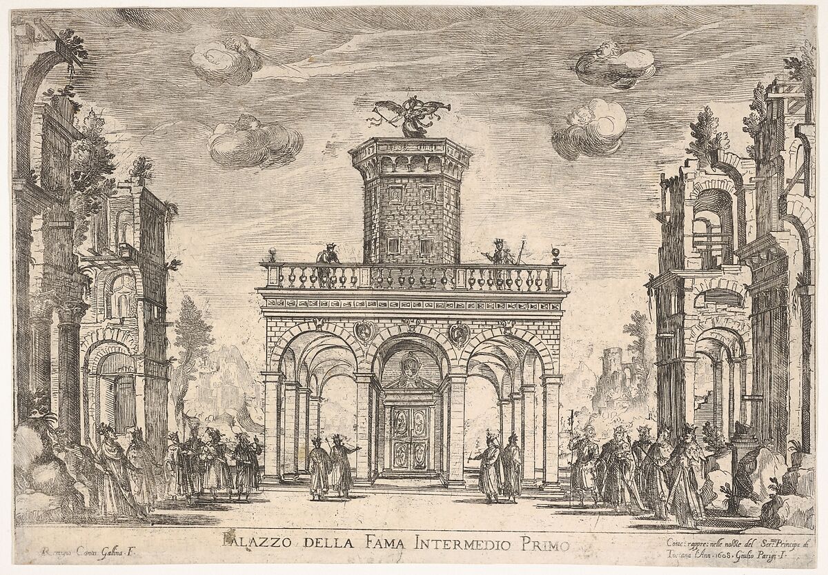 First interlude: palace of fame (Intermedio sesto: palazzo della fama), from the series 'Seven Interludes' for the wedding celebration of Cosimo de' Medici in Florence, 1608, Remigio Cantagallina (Italian, Borgo Sansepolcro ca. 1582–1656 Florence), Etching 