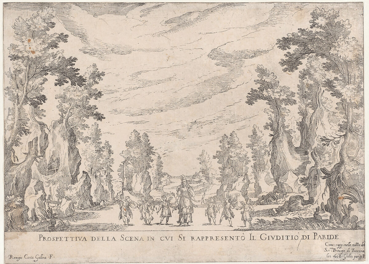 View of the scene in which is represented the Judgment of Paris (Prospettiva della scena in cui si rappresentò il Giuditio do Paride), from "Seven Interludes for the wedding celebration of Cosimo de' Medici in Florence, 1608", Remigio Cantagallina (Italian, Borgo Sansepolcro ca. 1582–1656 Florence), Etching