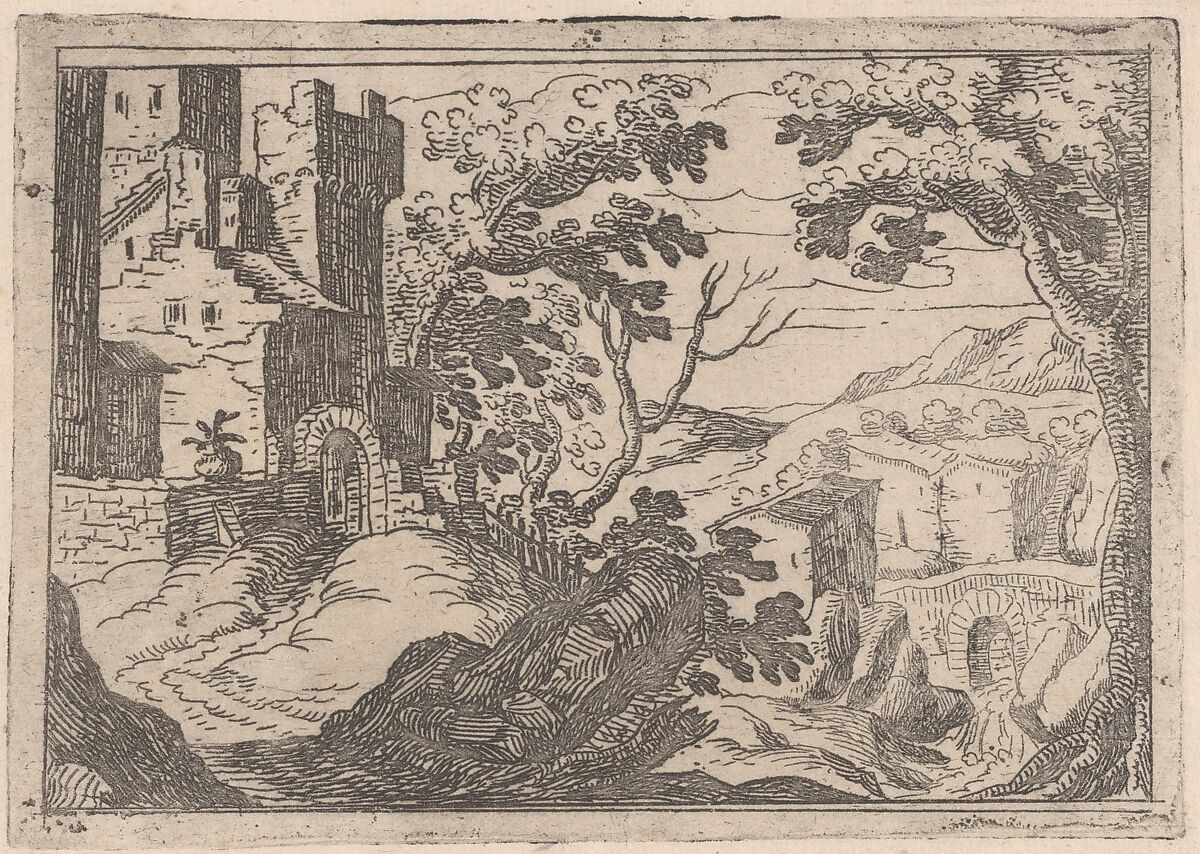 Landscape with buildings to the left and a bridge at right below, Remigio Cantagallina (Italian, Borgo Sansepolcro ca. 1582–1656 Florence), Etching