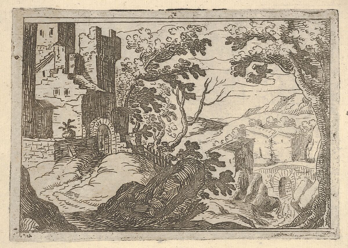 Landscape with buildings to the left and a bridge at right below, Remigio Cantagallina (Italian, Borgo Sansepolcro ca. 1582–1656 Florence), Etching 