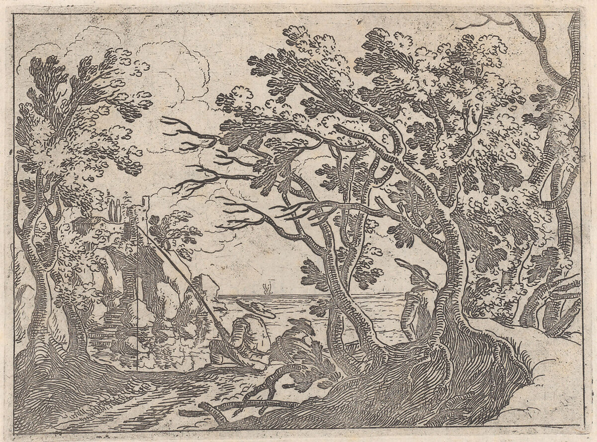 Landscape with onshore fisherman and male onlooker under trees, a man in a boat bows his head, Remigio Cantagallina (Italian, Borgo Sansepolcro ca. 1582–1656 Florence), Etching