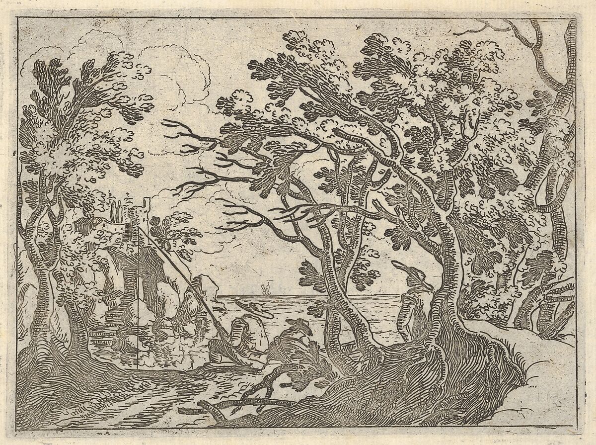 Landscape with onshore fisherman and male onlooker under trees, a man in a boat bows his head, Remigio Cantagallina (Italian, Borgo Sansepolcro ca. 1582–1656 Florence), Etching 