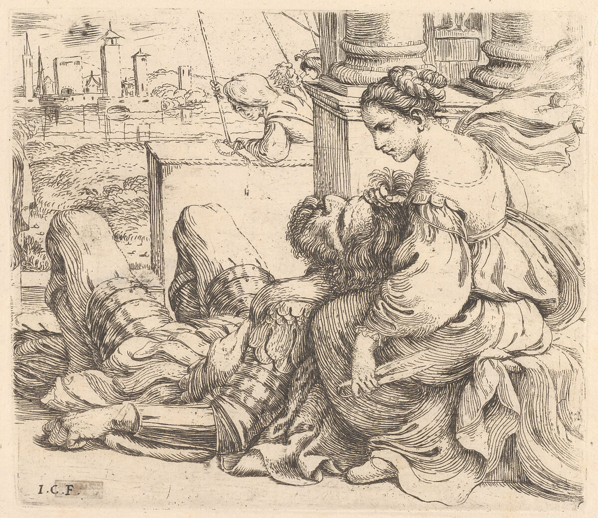 Delilah holding Samson's hair and a pair of scissors, Giuseppe Caletti, called Cremonese (Italian, active Ferrara, 1600–1660), Etching