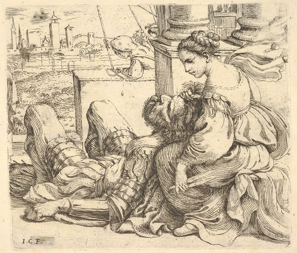 Delilah holding Samson's hair and a pair of scissors, Giuseppe Caletti, called Cremonese (Italian, active Ferrara, 1600–1660), Etching 