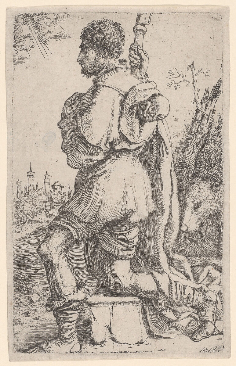 Saint Roch, kneeling on a stone, seen from the side with his dog behind him and a townscape in the background at left, Giuseppe Caletti, called Cremonese (Italian, active Ferrara, 1600–1660), Etching; first state of three